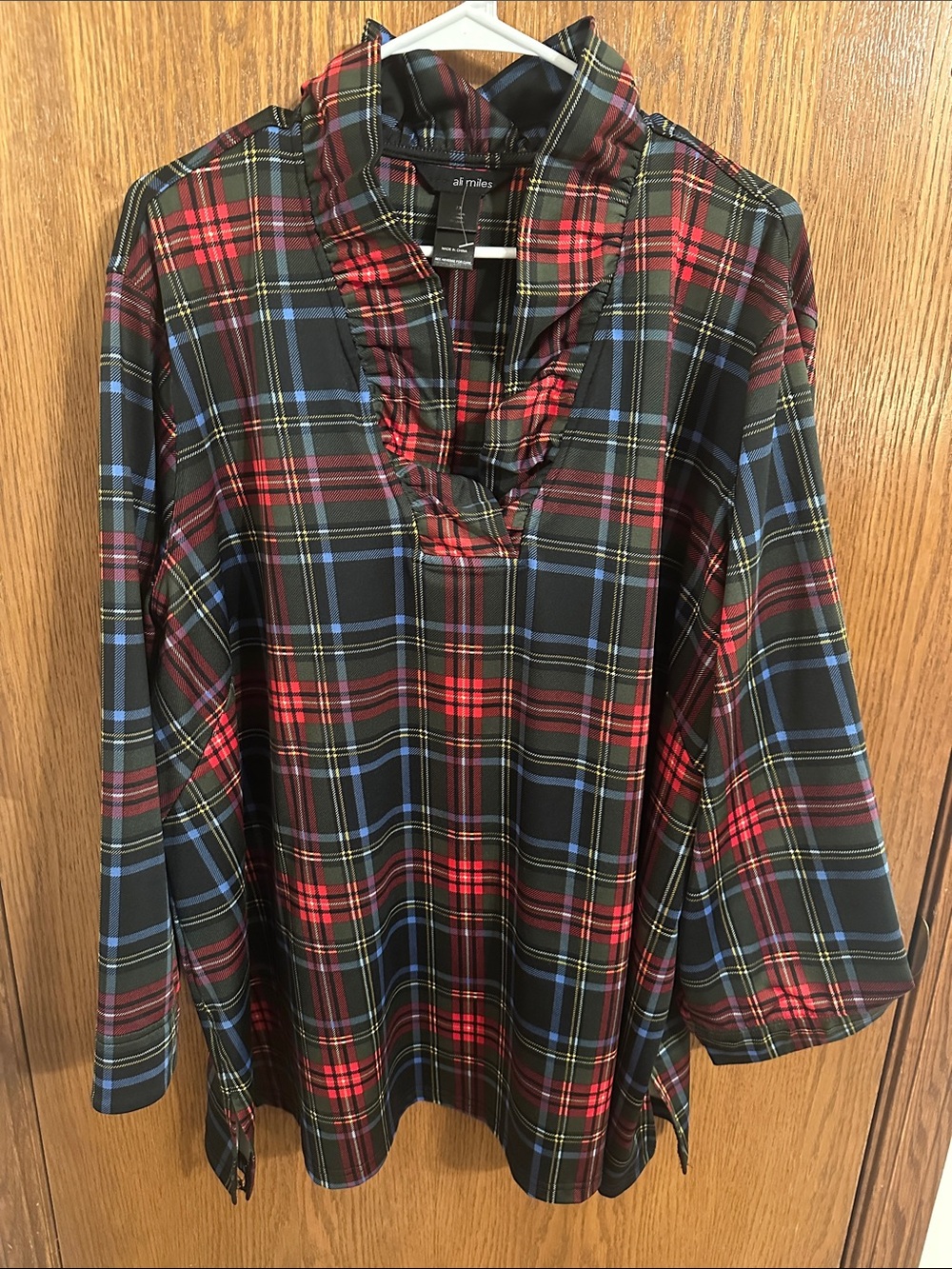 Ali Miles Red and Green Plaid Ruffle Shirt